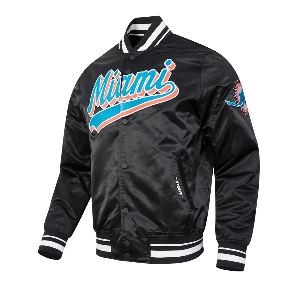 NFL MIAMI DOLPHINS SCRIPT TAIL MEN'S SATIN JACKET (BLACK) - Image 2