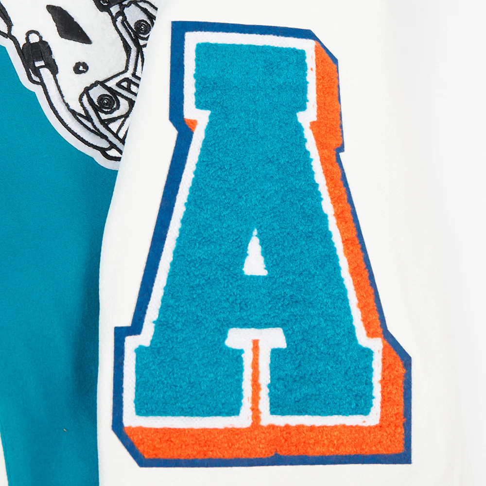 NFL MIAMI DOLPHINS MASHUP MEN'S RIB WOOL VARSITY JACKET (TEAL/WHITE) - Image 4