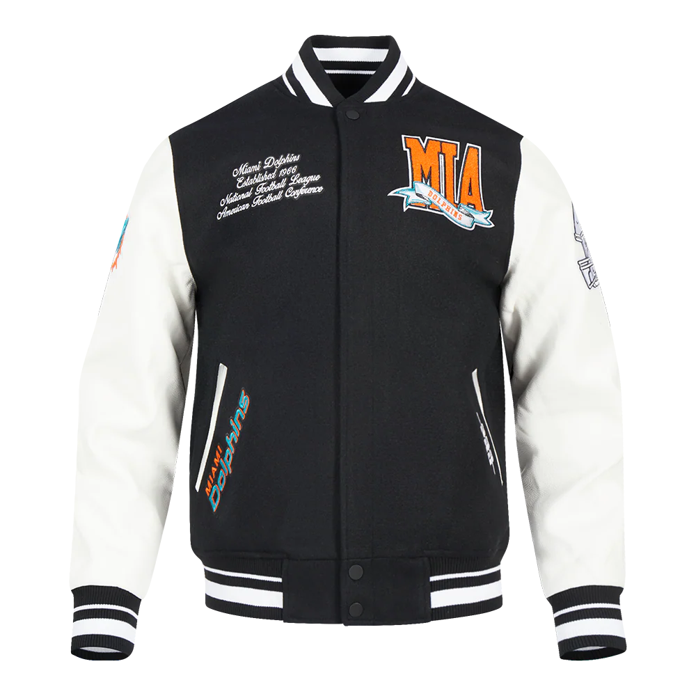 NFL MIAMI DOLPHINS TEAM PENNANTS MEN'S RIB WOOL VARSITY JACKET (BLACK/WHITE)
