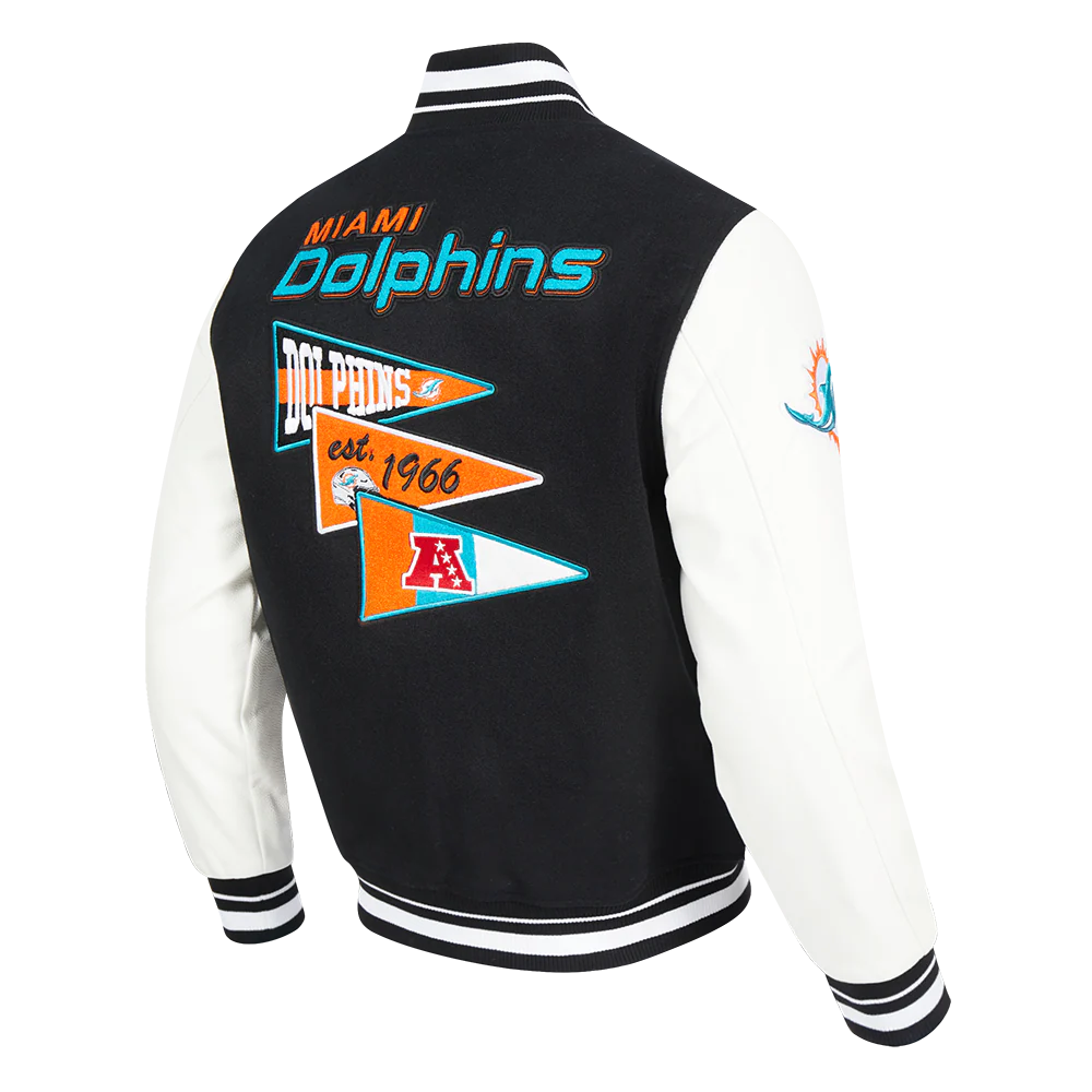 NFL MIAMI DOLPHINS TEAM PENNANTS MEN'S RIB WOOL VARSITY JACKET (BLACK/WHITE) - Image 4