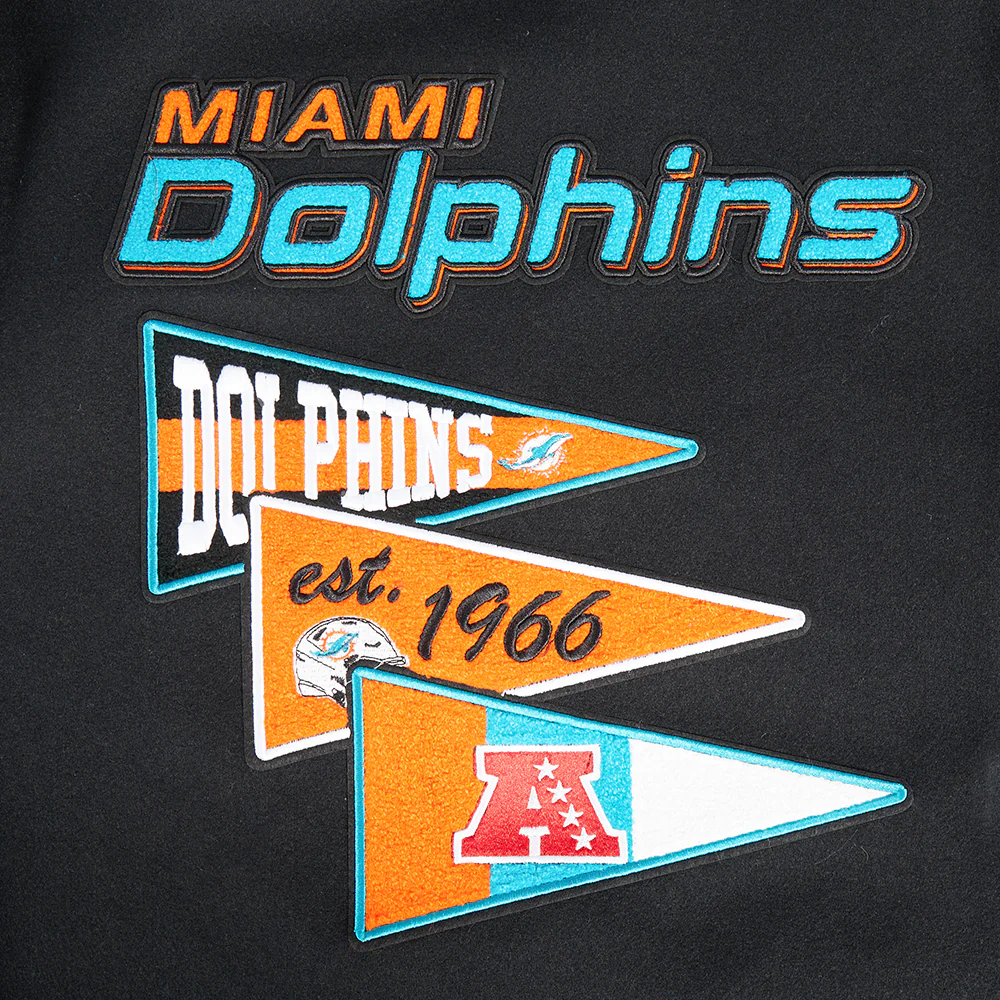 NFL MIAMI DOLPHINS TEAM PENNANTS MEN'S RIB WOOL VARSITY JACKET (BLACK/WHITE) - Image 6