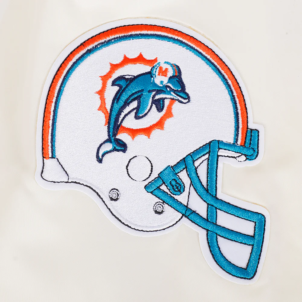 NFL MIAMI DOLPHINS RETRO CLASSIC MEN'S RIB SATIN JACKET (EGGSHELL/ BLACK) - Image 9