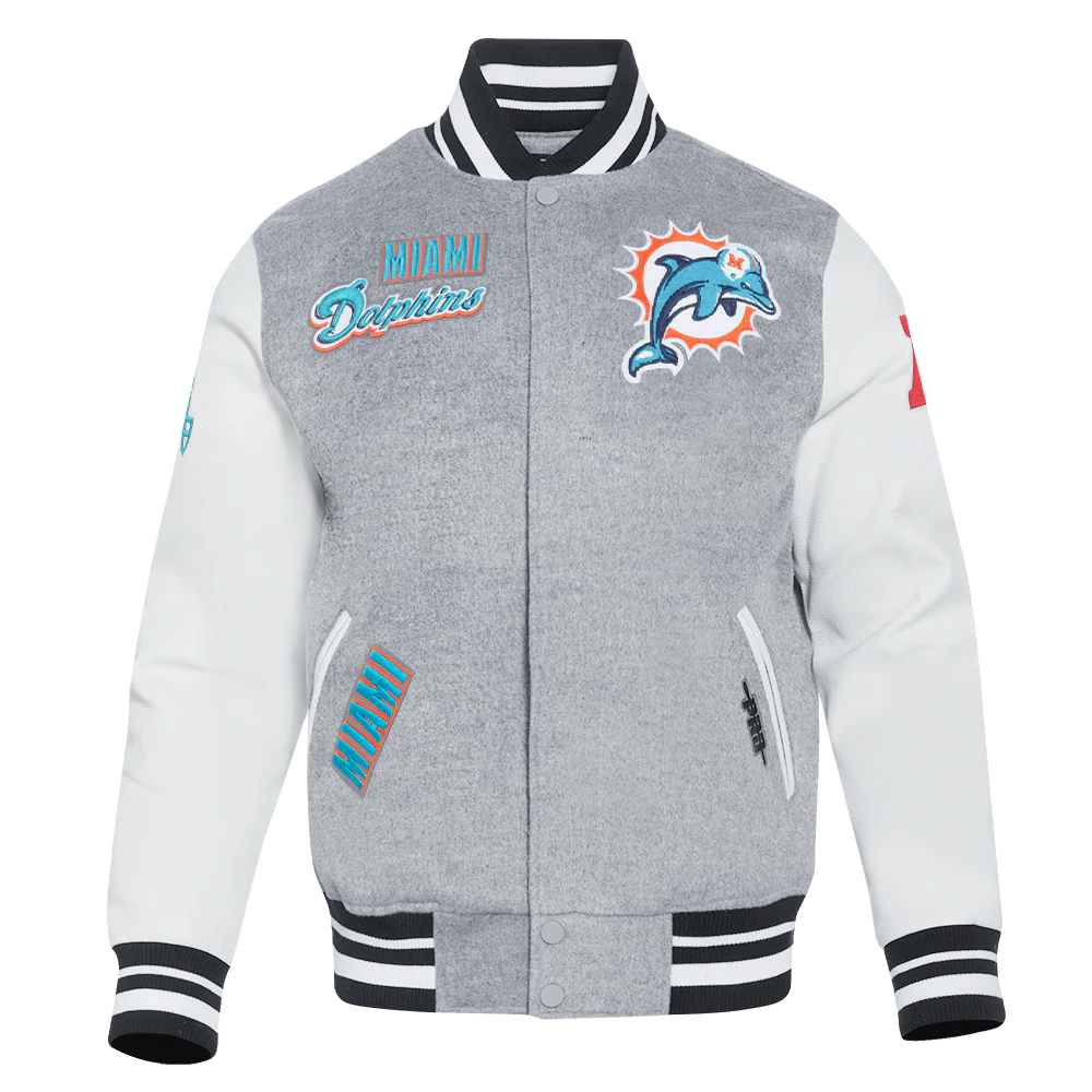 NFL MIAMI DOLPHINS RETRO CLASSIC MEN'S RIB WOOL VARSITY JACKET (HEATHER GREY/WHITE/BLACK)