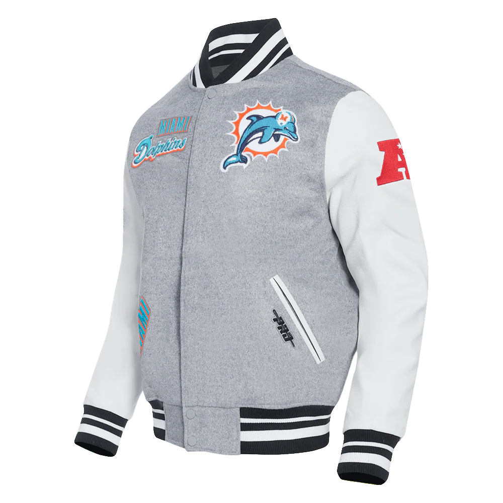 NFL MIAMI DOLPHINS RETRO CLASSIC MEN'S RIB WOOL VARSITY JACKET (HEATHER GREY/WHITE/BLACK) - Image 2