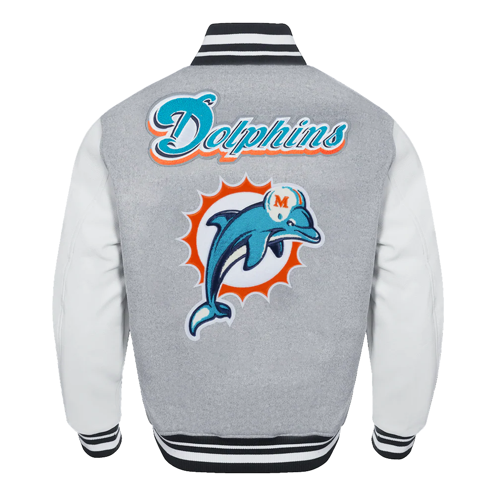 NFL MIAMI DOLPHINS RETRO CLASSIC MEN'S RIB WOOL VARSITY JACKET (HEATHER GREY/WHITE/BLACK) - Image 3