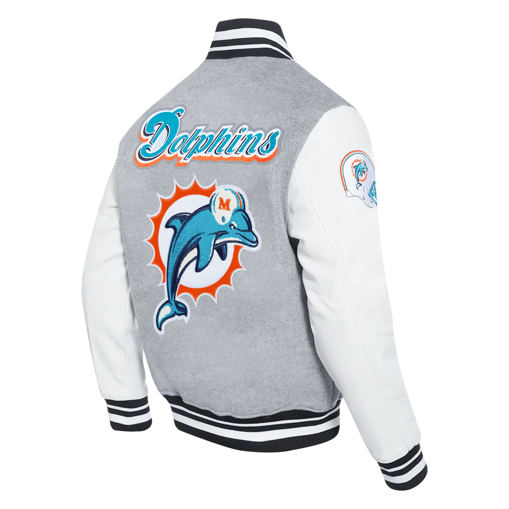 NFL MIAMI DOLPHINS RETRO CLASSIC MEN'S RIB WOOL VARSITY JACKET (HEATHER GREY/WHITE/BLACK) - Image 4
