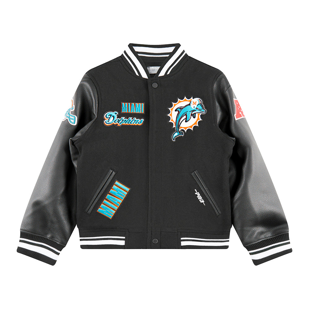NFL MIAMI DOLPHINS RETRO CLASSIC BIG BOYS RIB WOOL VARSITY JACKET (BLACK)
