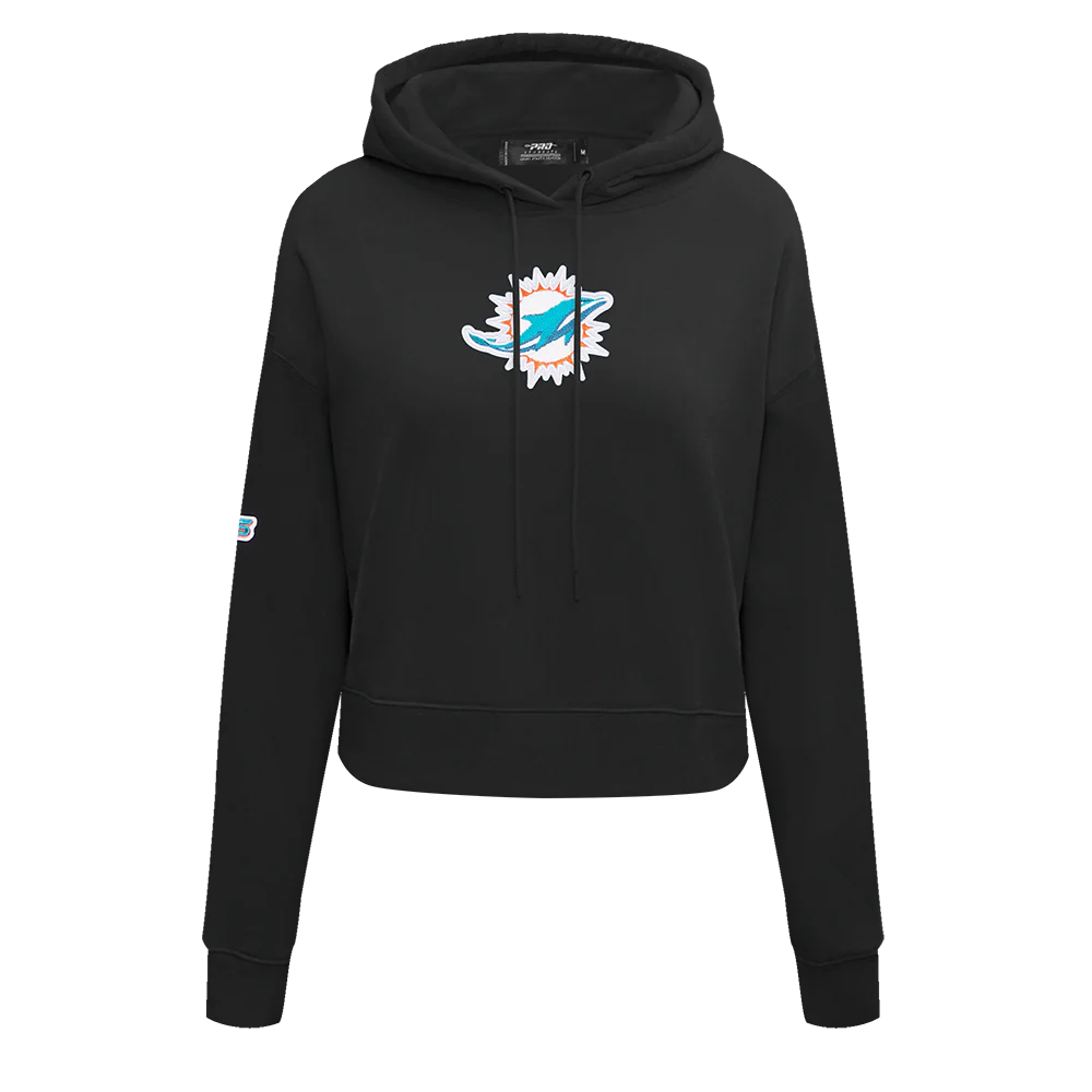 NFL MIAMI DOLPHINS CLASSIC WOMEN'S FLEECE CROPPED PULLOVER HOODIE (BLACK)