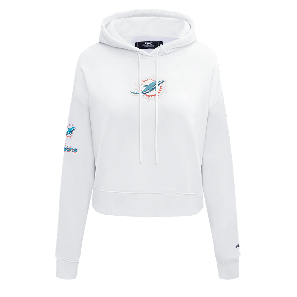 NFL MIAMI DOLPHINS CLASSIC WOMEN'S FLEECE CROPPED PULLOVER HOODIE (WHITE)