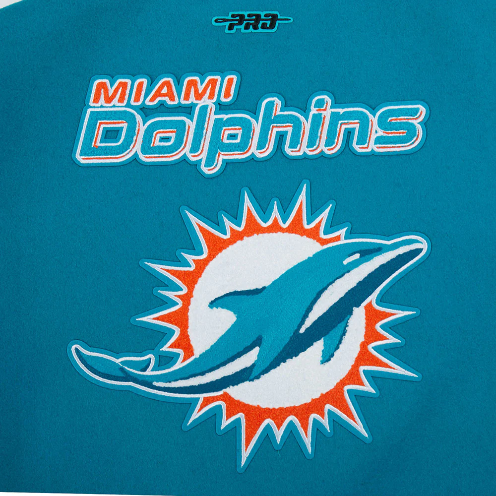 NFL MIAMI DOLPHINS MASHUP WOMEN'S RIB WOOL VARSITY JACKET (TEAL/WHITE) - Image 10