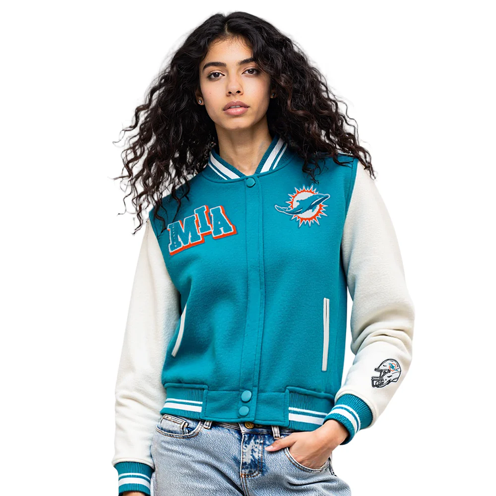 NFL MIAMI DOLPHINS MASHUP WOMEN'S RIB WOOL VARSITY JACKET (TEAL/WHITE) - Image 11