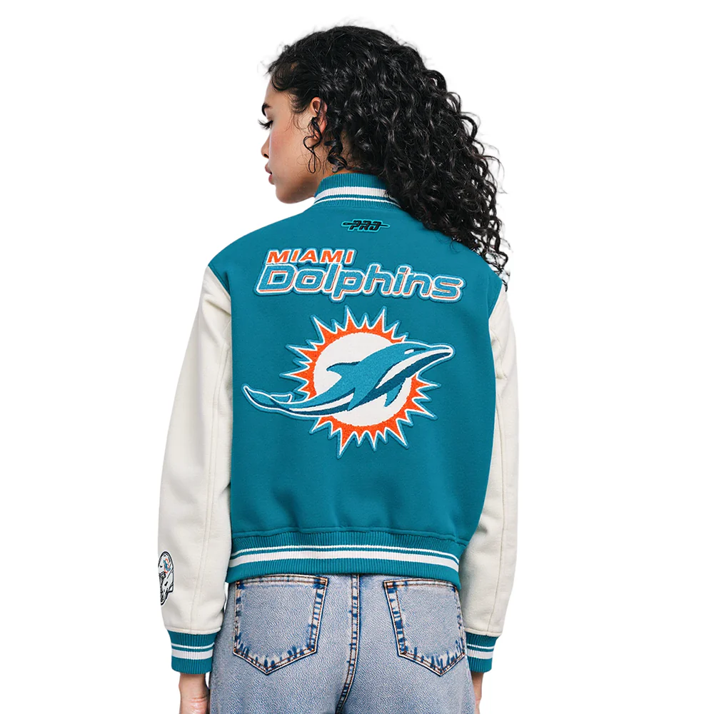 NFL MIAMI DOLPHINS MASHUP WOMEN'S RIB WOOL VARSITY JACKET (TEAL/WHITE) - Image 12