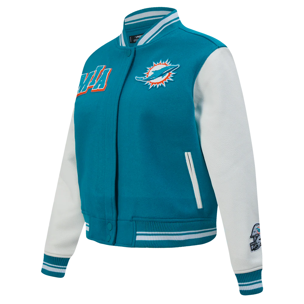 NFL MIAMI DOLPHINS MASHUP WOMEN'S RIB WOOL VARSITY JACKET (TEAL/WHITE) - Image 13