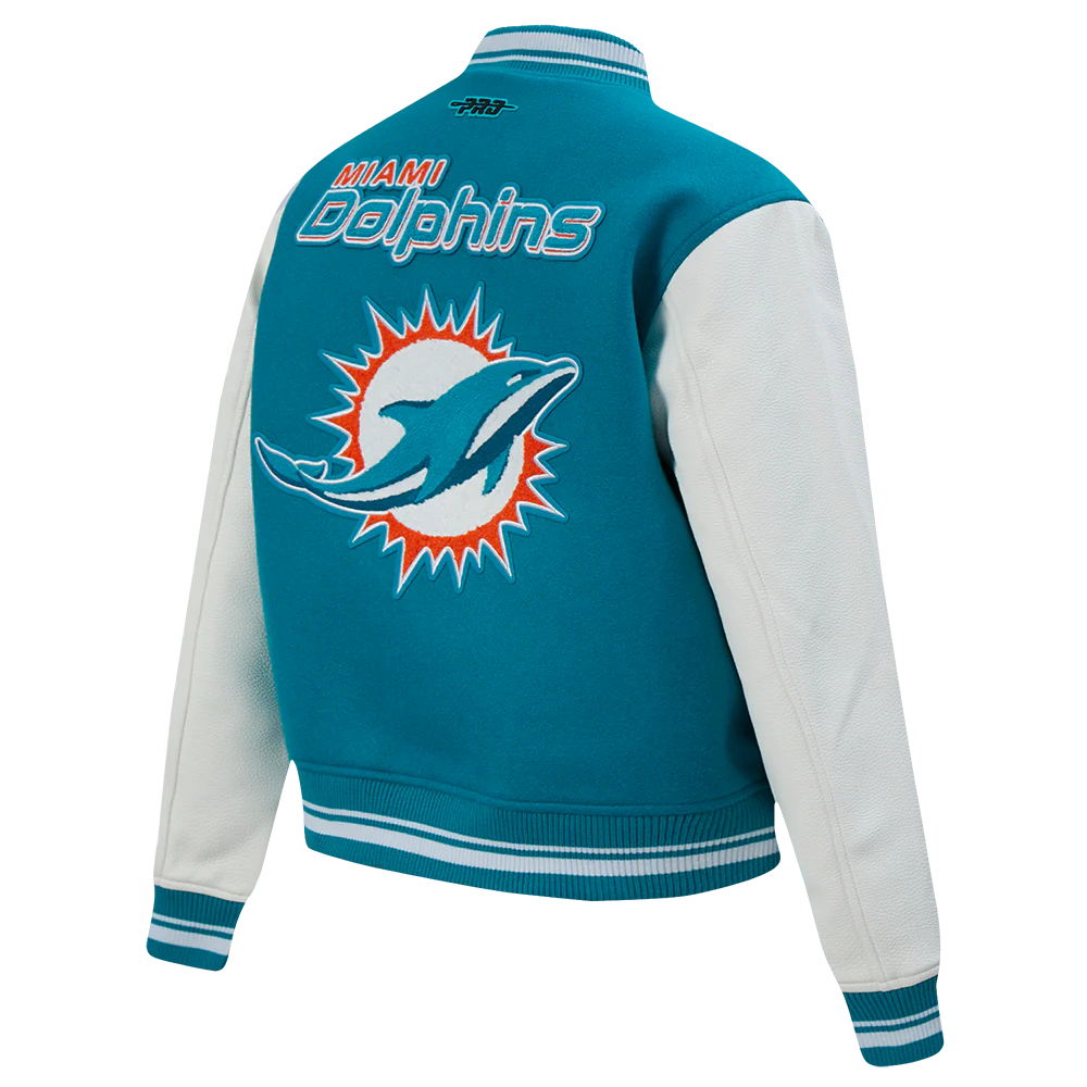 NFL MIAMI DOLPHINS MASHUP WOMEN'S RIB WOOL VARSITY JACKET (TEAL/WHITE) - Image 14