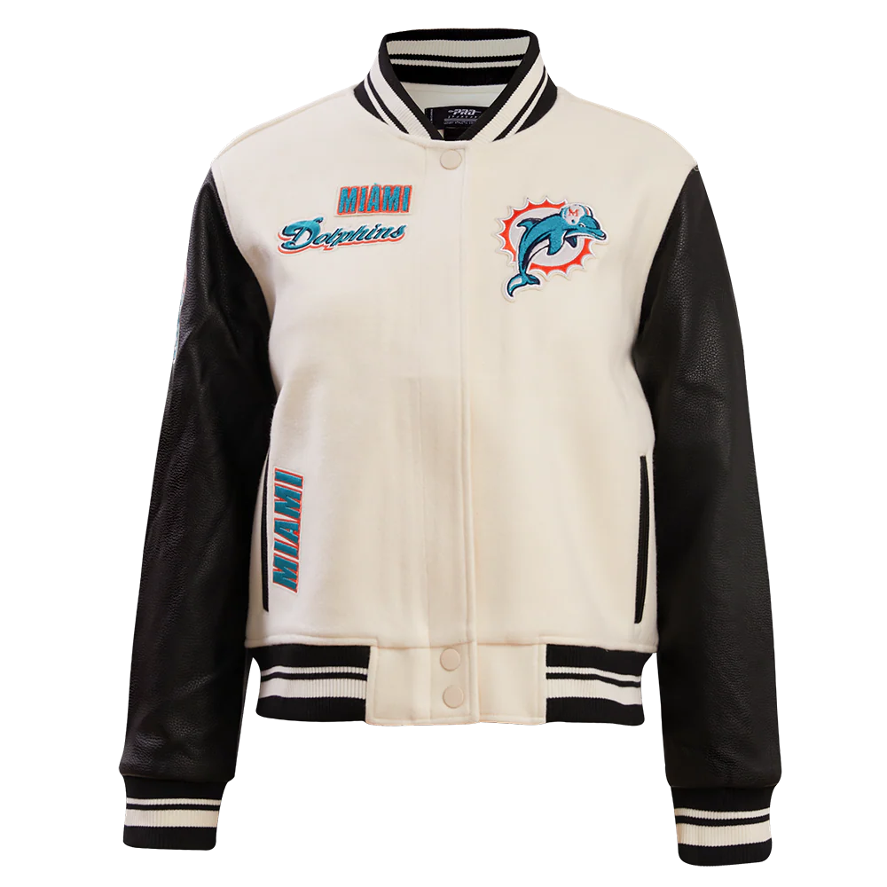 NFL MIAMI DOLPHINS RETRO CLASSIC WOMEN'S RIB WOOL VARSITY JACKET (EGGSHELL/BLACK)