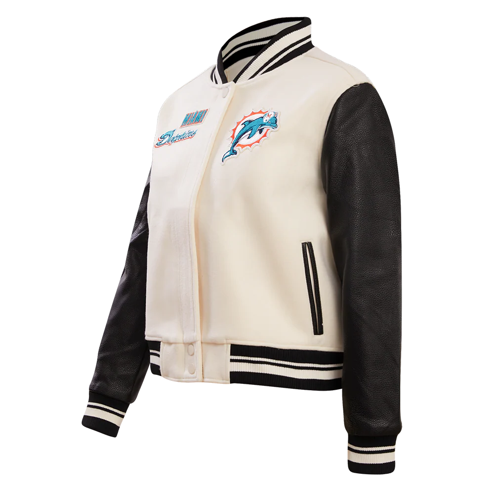 NFL MIAMI DOLPHINS RETRO CLASSIC WOMEN'S RIB WOOL VARSITY JACKET (EGGSHELL/BLACK) - Image 2