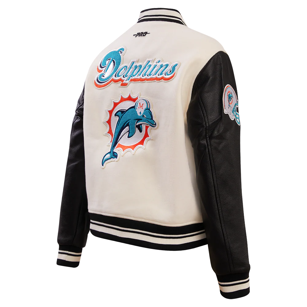 NFL MIAMI DOLPHINS RETRO CLASSIC WOMEN'S RIB WOOL VARSITY JACKET (EGGSHELL/BLACK) - Image 3