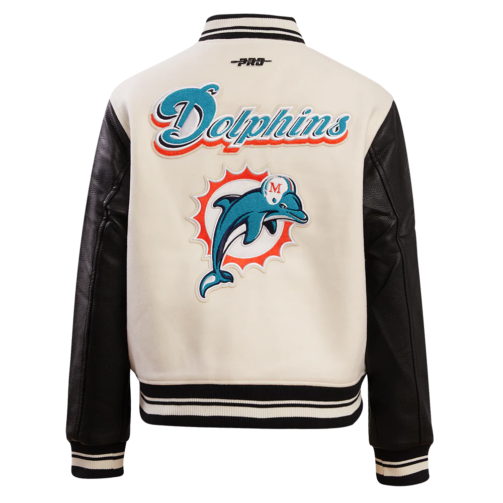 NFL MIAMI DOLPHINS RETRO CLASSIC WOMEN'S RIB WOOL VARSITY JACKET (EGGSHELL/BLACK) - Image 4