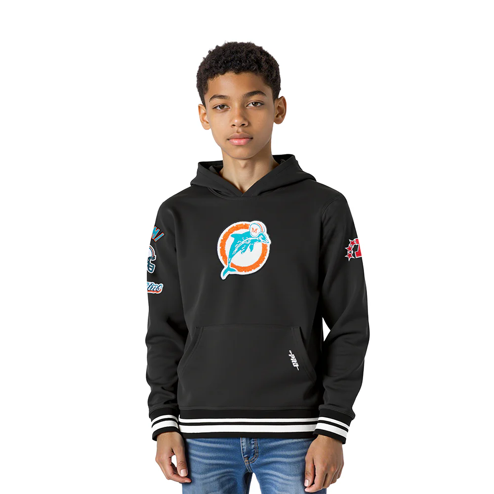 NFL MIAMI DOLPHINS RETRO CLASSIC LITTLE BOYS RIB FLEECE PULLOVER HOODIE (BLACK)