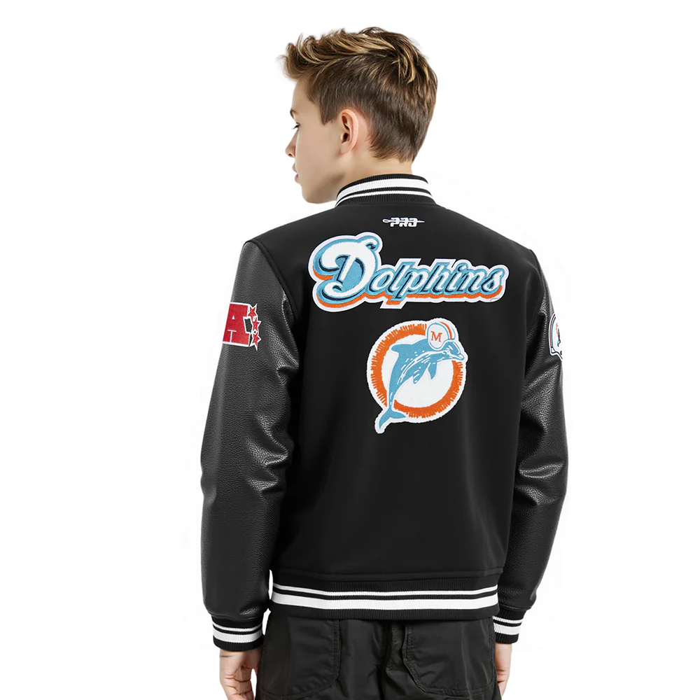 NFL MIAMI DOLPHINS RETRO CLASSIC LITTLE BOYS RIB WOOL VARSITY JACKET (BLACK) - Image 2