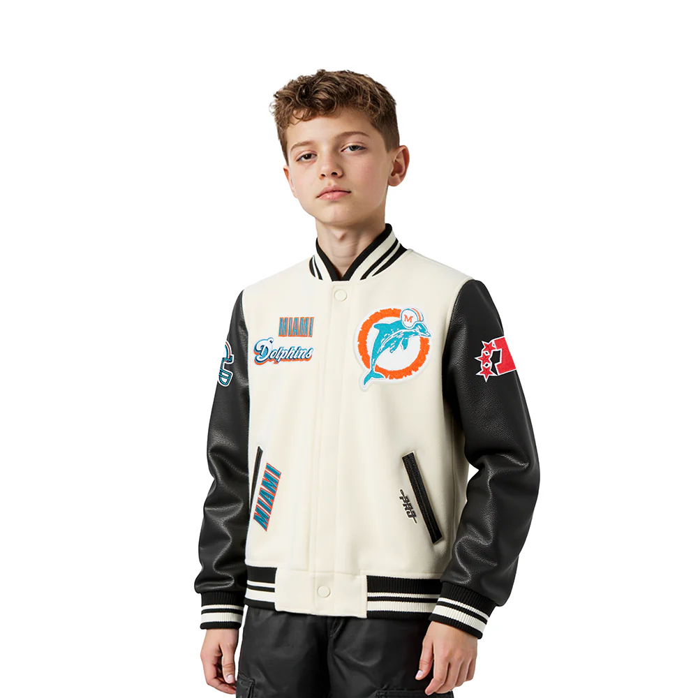 NFL MIAMI DOLPHINS RETRO CLASSIC LITTLE BOY'S RIB WOOL VARSITY JACKET (EGGSHELL/ BLACK)