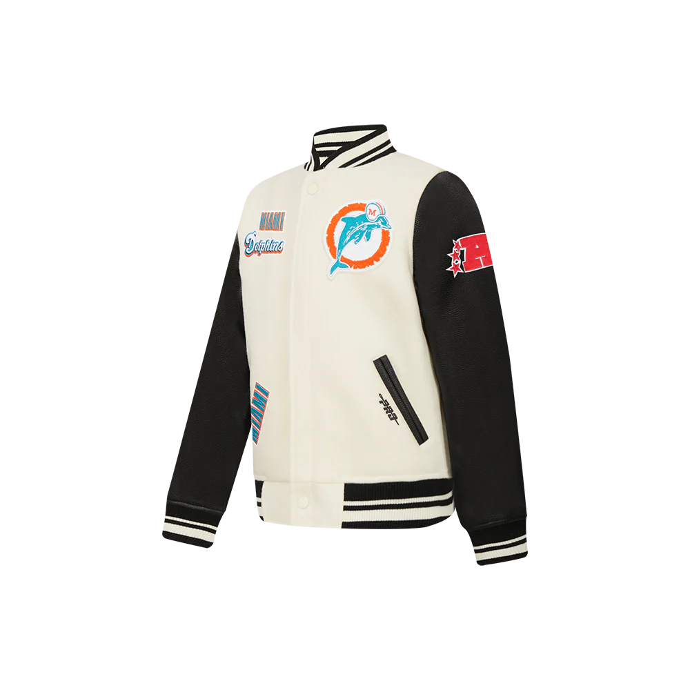 NFL MIAMI DOLPHINS RETRO CLASSIC LITTLE BOY'S RIB WOOL VARSITY JACKET (EGGSHELL/ BLACK) - Image 5