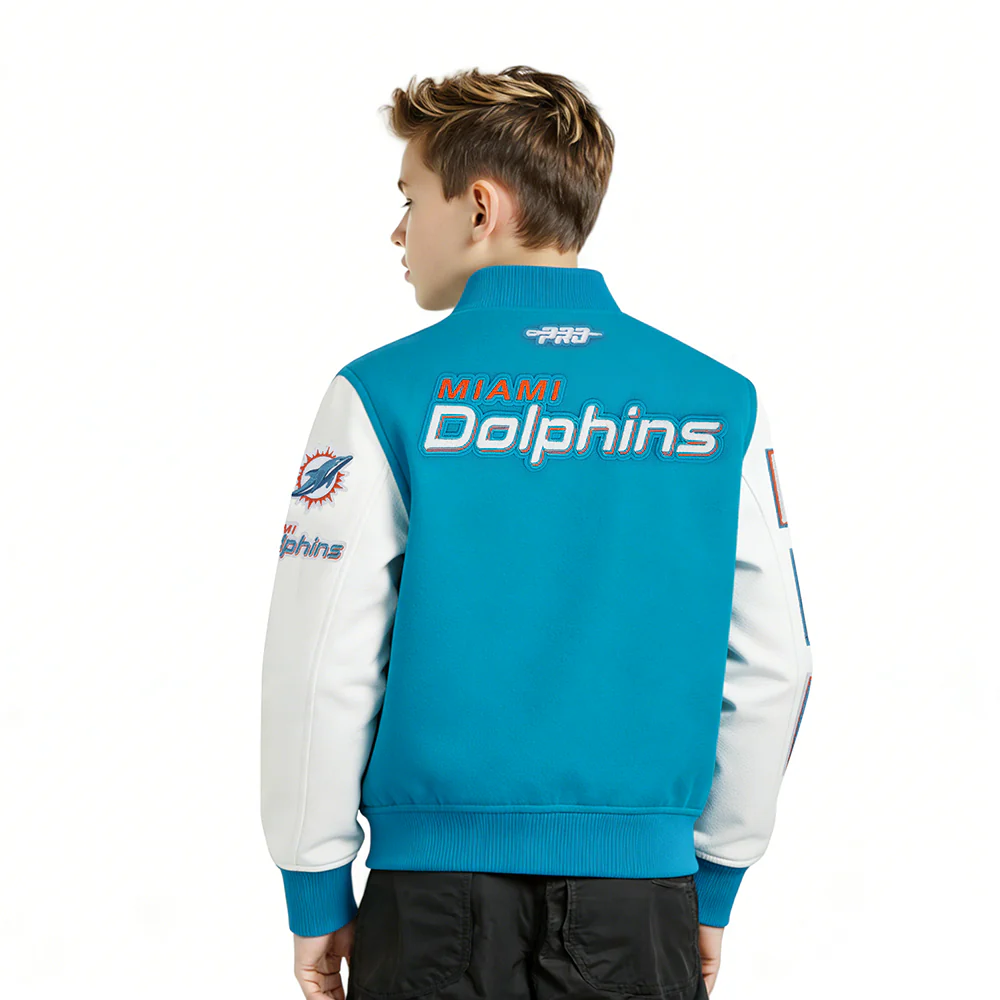 NFL MIAMI DOLPHINS CLASSIC CHENILLE LITTLE BOY'S WOOL VARSITY JACKET (TEAL/WHITE) - Image 2