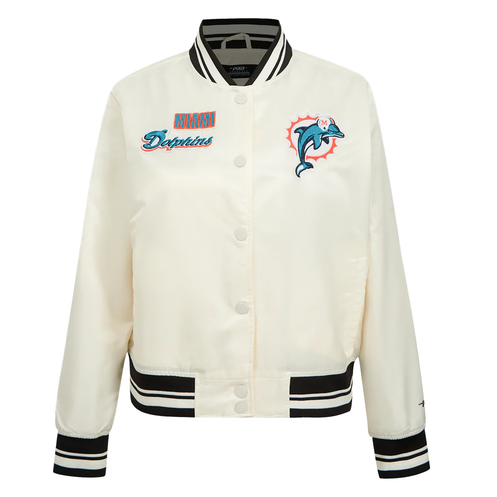 NFL MIAMI DOLPHINS RETRO CLASSIC WOMEN'S RIB SATIN JCKET (EGGSHELL/BLACK)