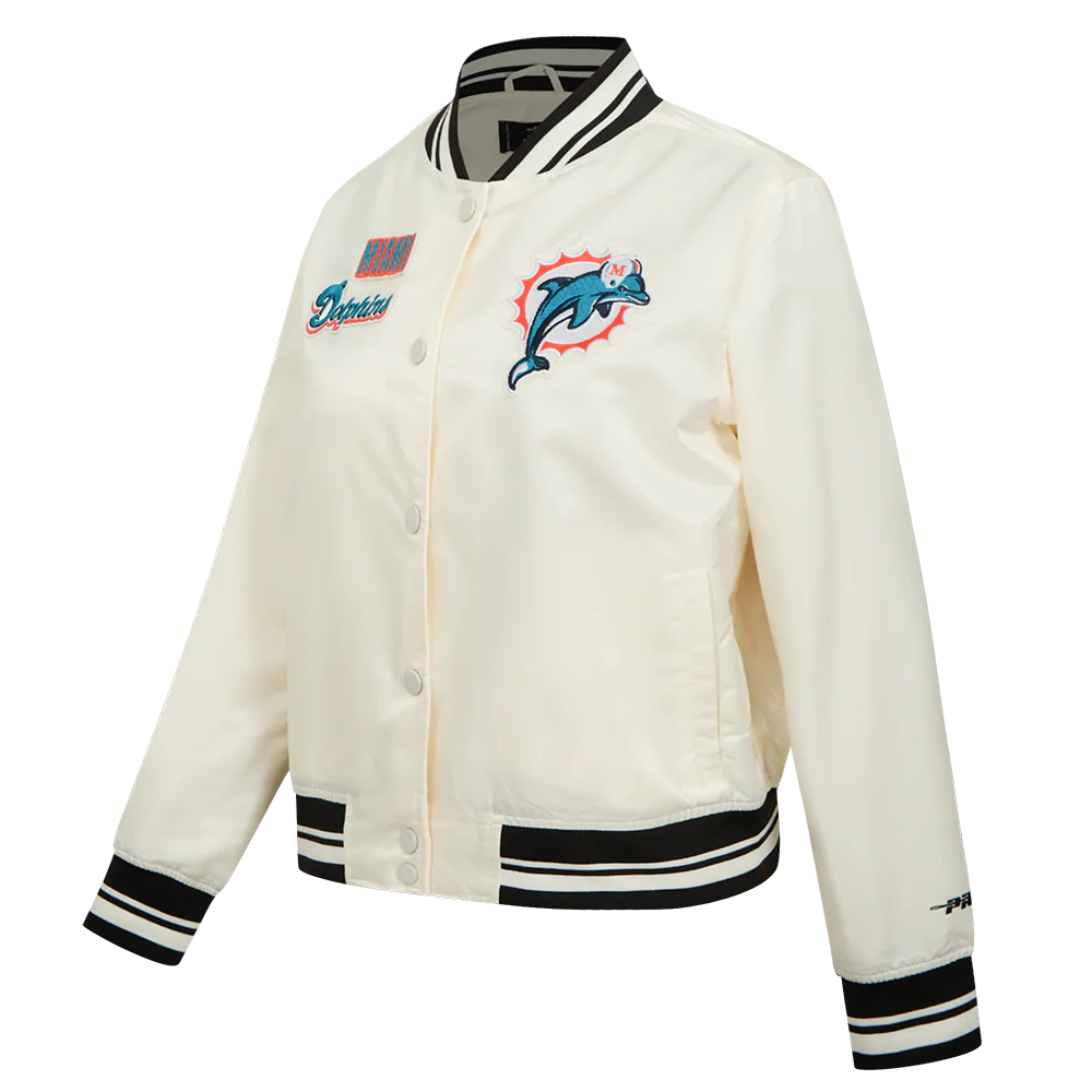 NFL MIAMI DOLPHINS RETRO CLASSIC WOMEN'S RIB SATIN JCKET (EGGSHELL/BLACK) - Image 2
