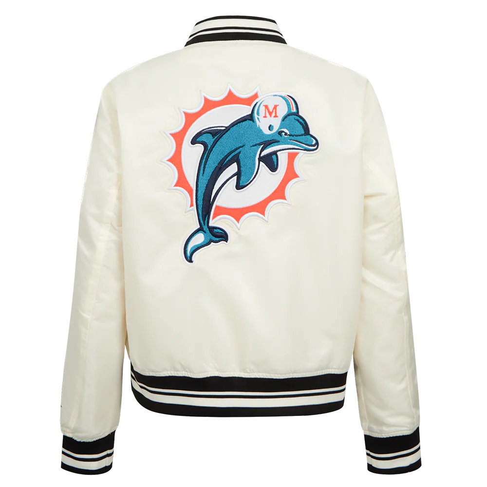 NFL MIAMI DOLPHINS RETRO CLASSIC WOMEN'S RIB SATIN JCKET (EGGSHELL/BLACK) - Image 3
