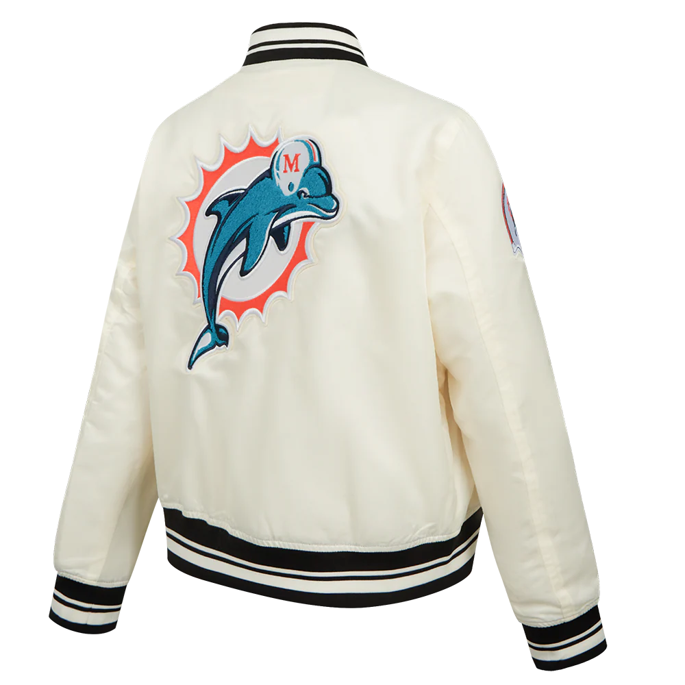 NFL MIAMI DOLPHINS RETRO CLASSIC WOMEN'S RIB SATIN JCKET (EGGSHELL/BLACK) - Image 4