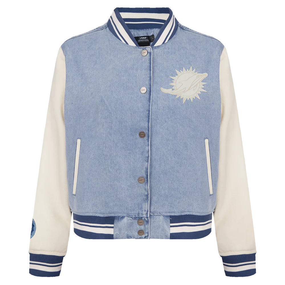 NFL MIAMI DOLPHINS VARSITY BLUES WOMEN'S DENIM VARSITY JACKET (DENIM/LINEN)