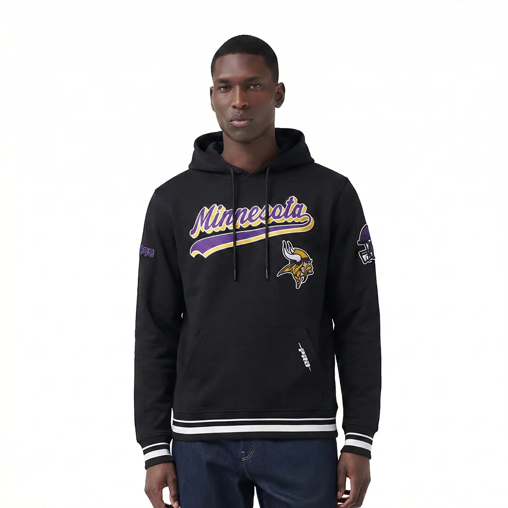 NFL MINNESOTA VIKINGS SCRIPT TAIL MEN'S RIB FLC PO HOODIE (BLACK)