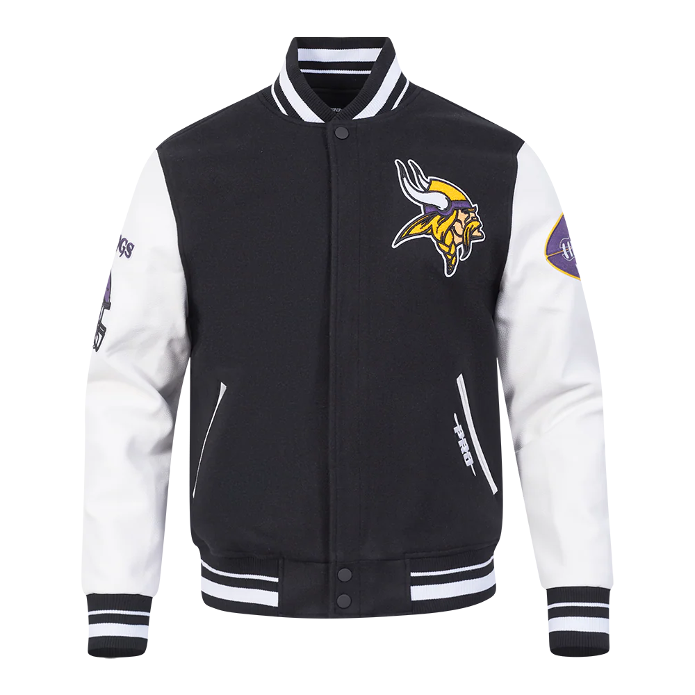 NFL MINNESOTA VIKINGS OLD ENGLISH MEN'S RIB WOOL VARSITY JACKET (BLACK/WHITE)