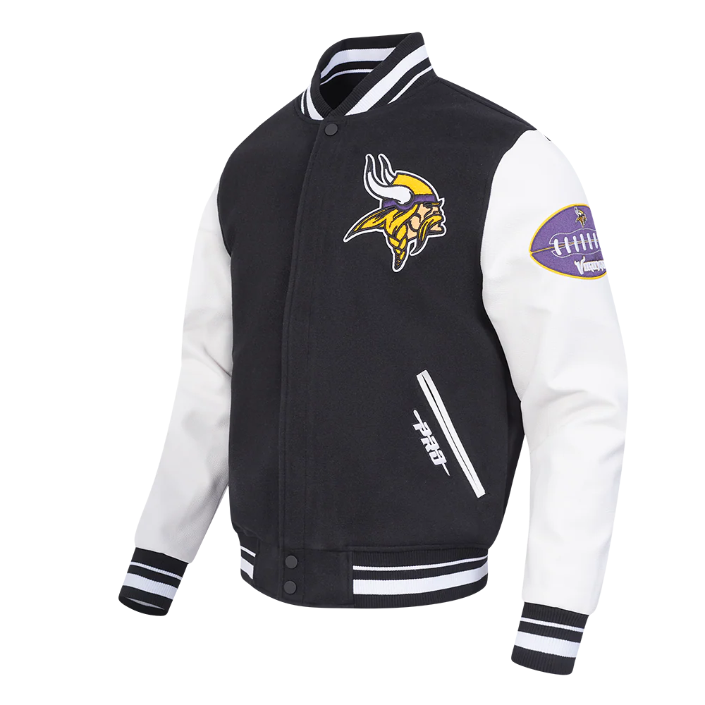 NFL MINNESOTA VIKINGS OLD ENGLISH MEN'S RIB WOOL VARSITY JACKET (BLACK/WHITE) - Image 2