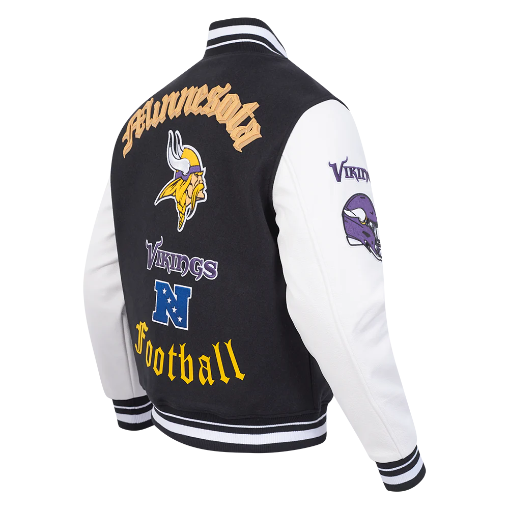 NFL MINNESOTA VIKINGS OLD ENGLISH MEN'S RIB WOOL VARSITY JACKET (BLACK/WHITE) - Image 4