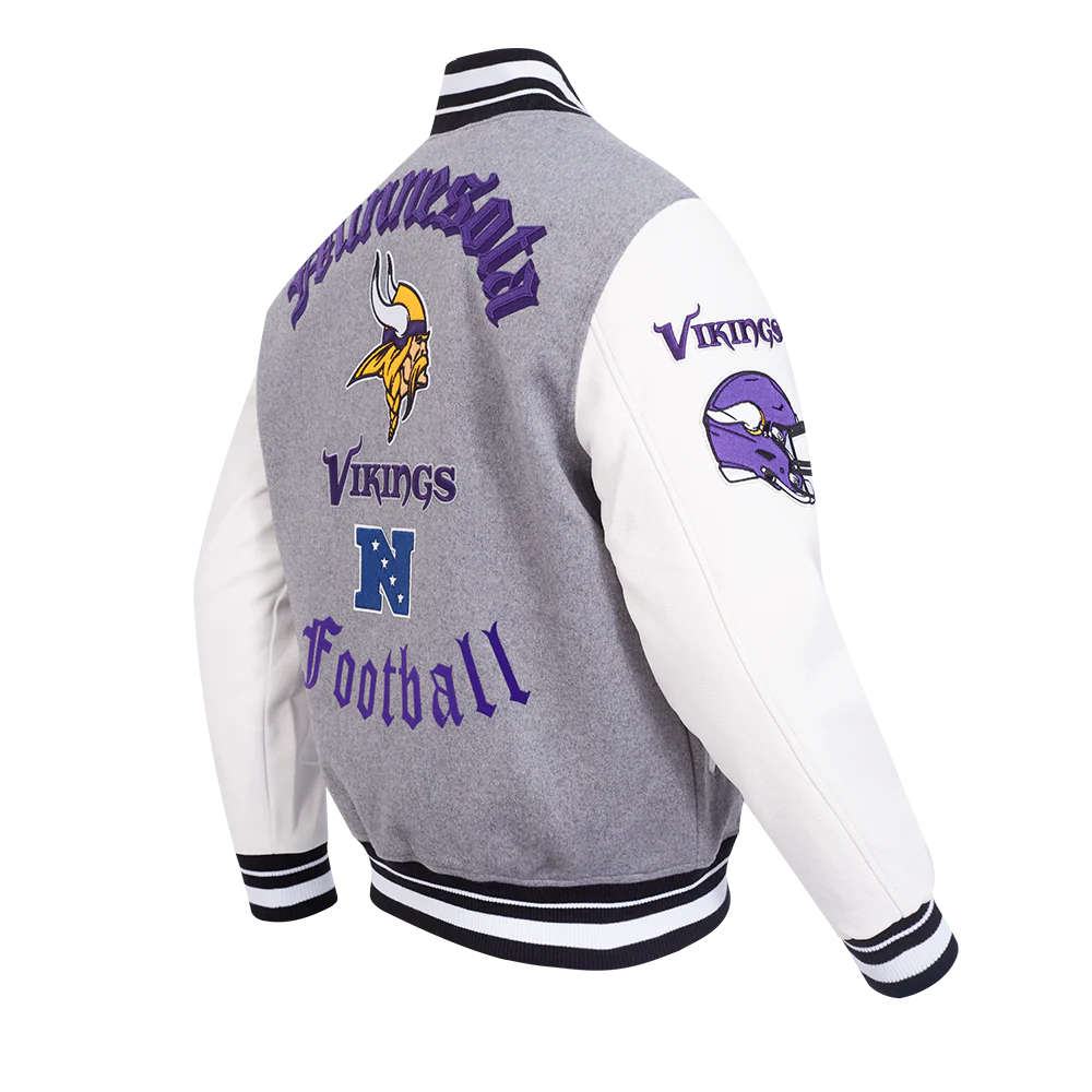 NFL MINNESOTA VIKINGS OLD ENGLISH MEN'S RIB WOOL VARSITY JACKET (HEATHER GREY/WHITE/BLACK) - Image 4