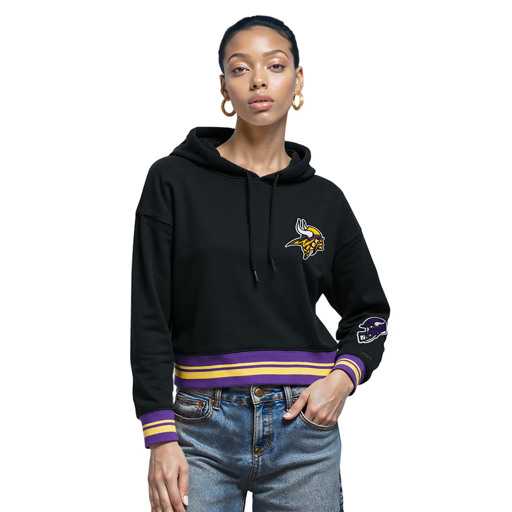 NFL MINNESOTA VIKINGS MASHUP WOMEN'S RIB CROPPED PO HOODIE (BLACK/PURPLE)