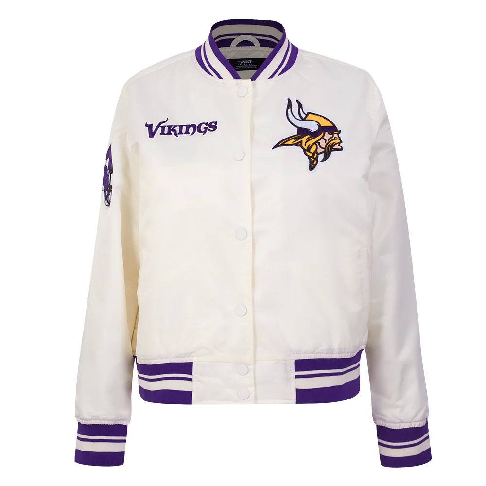 NFL MINNESOTA VIKINGS RETRO CLASSIC WOMEN'S RIB SATIN JACKET (EGGSHELL/ PURPLE)