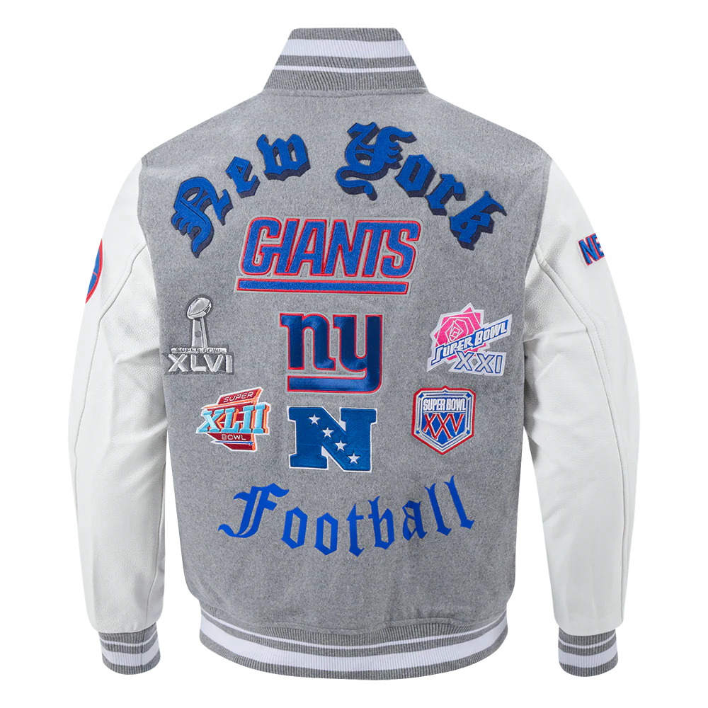 NFL NEW YORK GIANTS OLD ENGLISH MEN'S RIB WOOL VARSITY JACKET (HEATHER GREY/WHITE) - Image 3