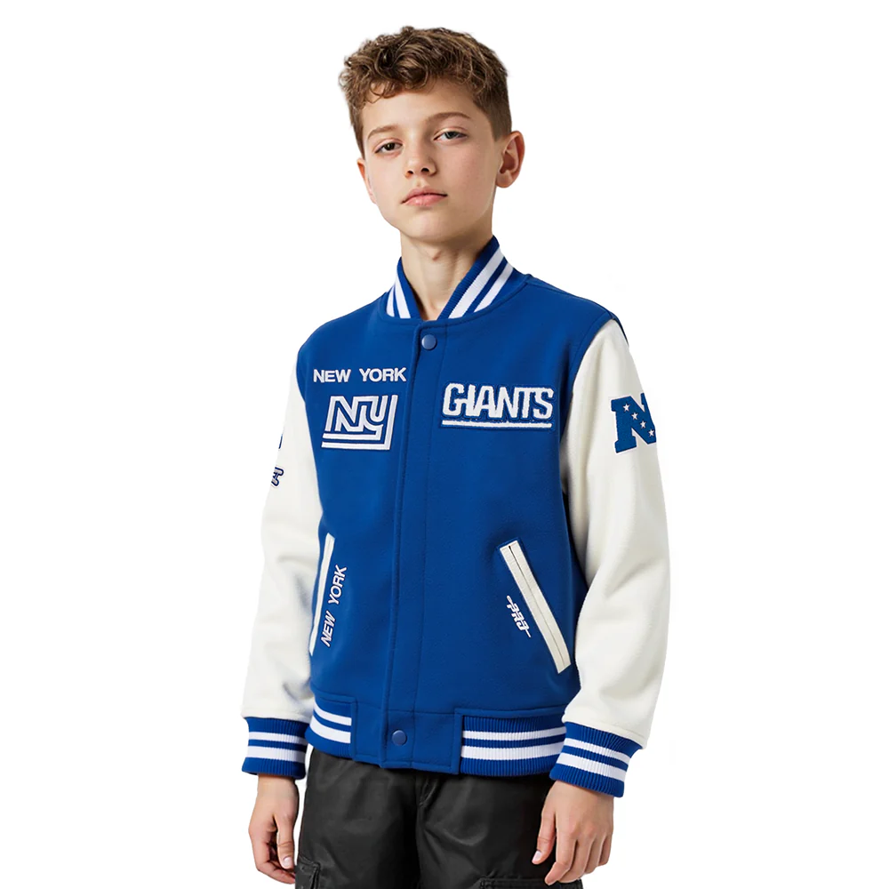 NFL NEW YORK GIANTS RETRO CLASSIC BIG BOYS RIB WOOL VARSITY JACKET (DODGER BLUE/WHITE)
