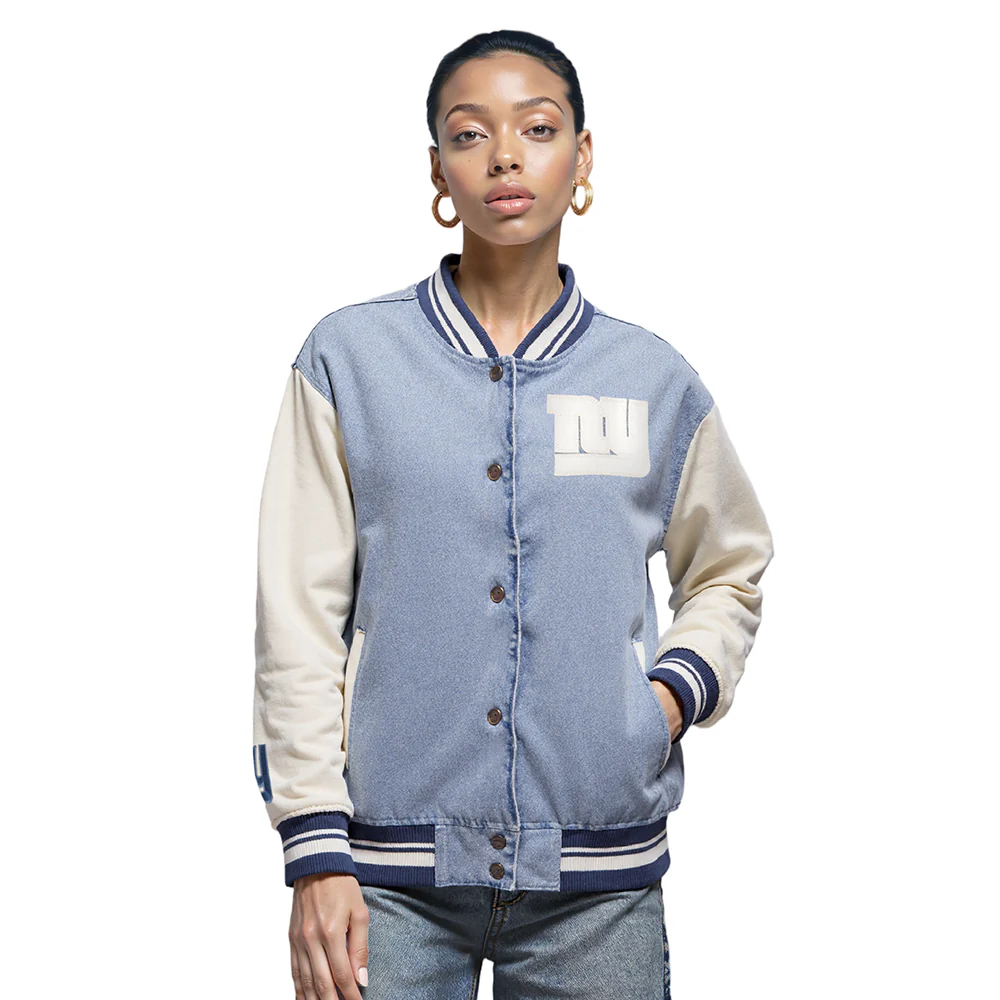 NFL NEW YORK GIANTS VARSITY BLUES WOMEN'S DENIM VARSITY JACKET (DENIM/LINEN) - Image 10