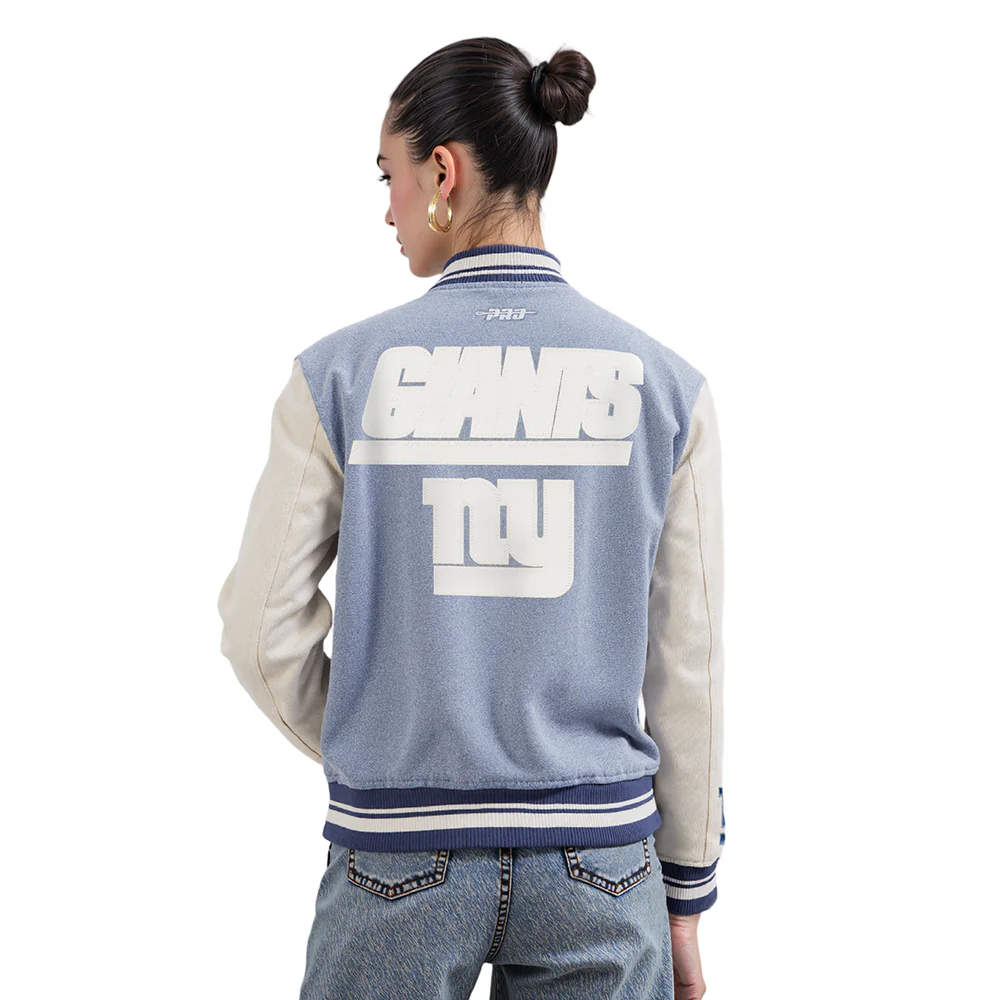NFL NEW YORK GIANTS VARSITY BLUES WOMEN'S DENIM VARSITY JACKET (DENIM/LINEN) - Image 11