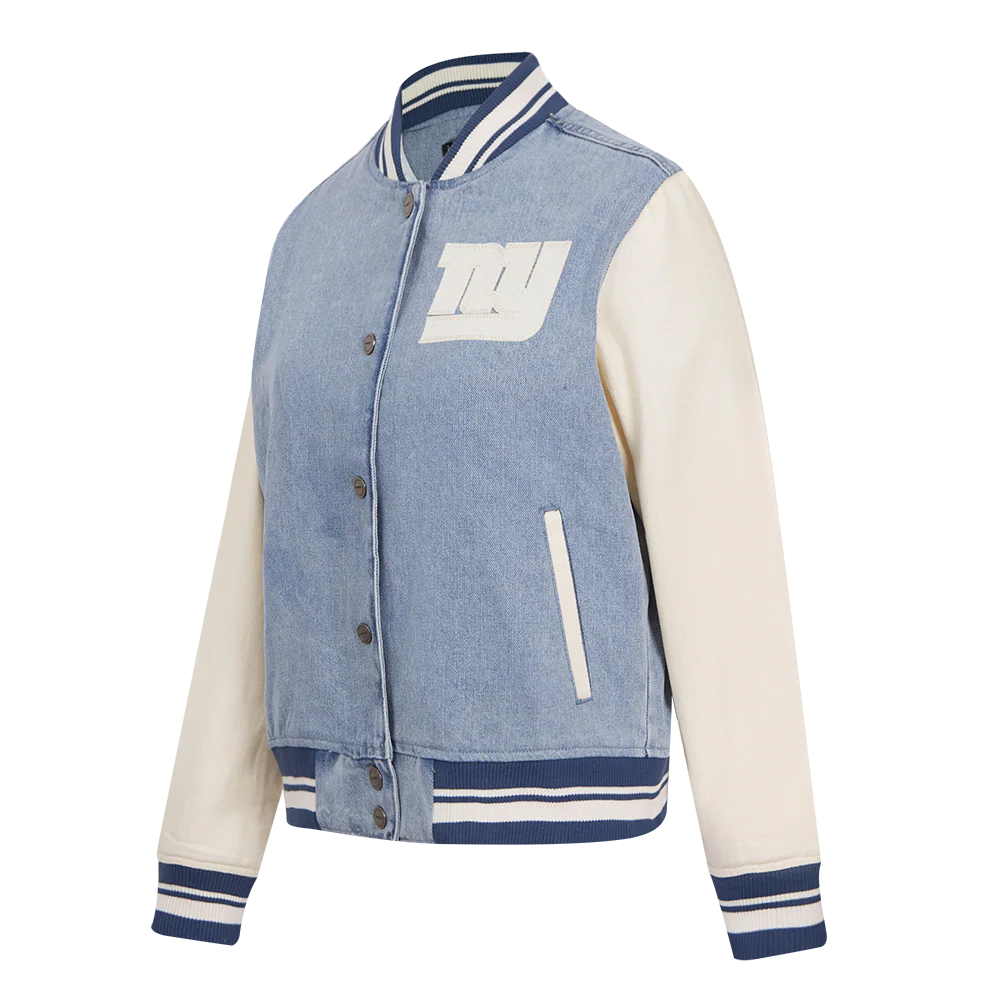 NFL NEW YORK GIANTS VARSITY BLUES WOMEN'S DENIM VARSITY JACKET (DENIM/LINEN) - Image 5