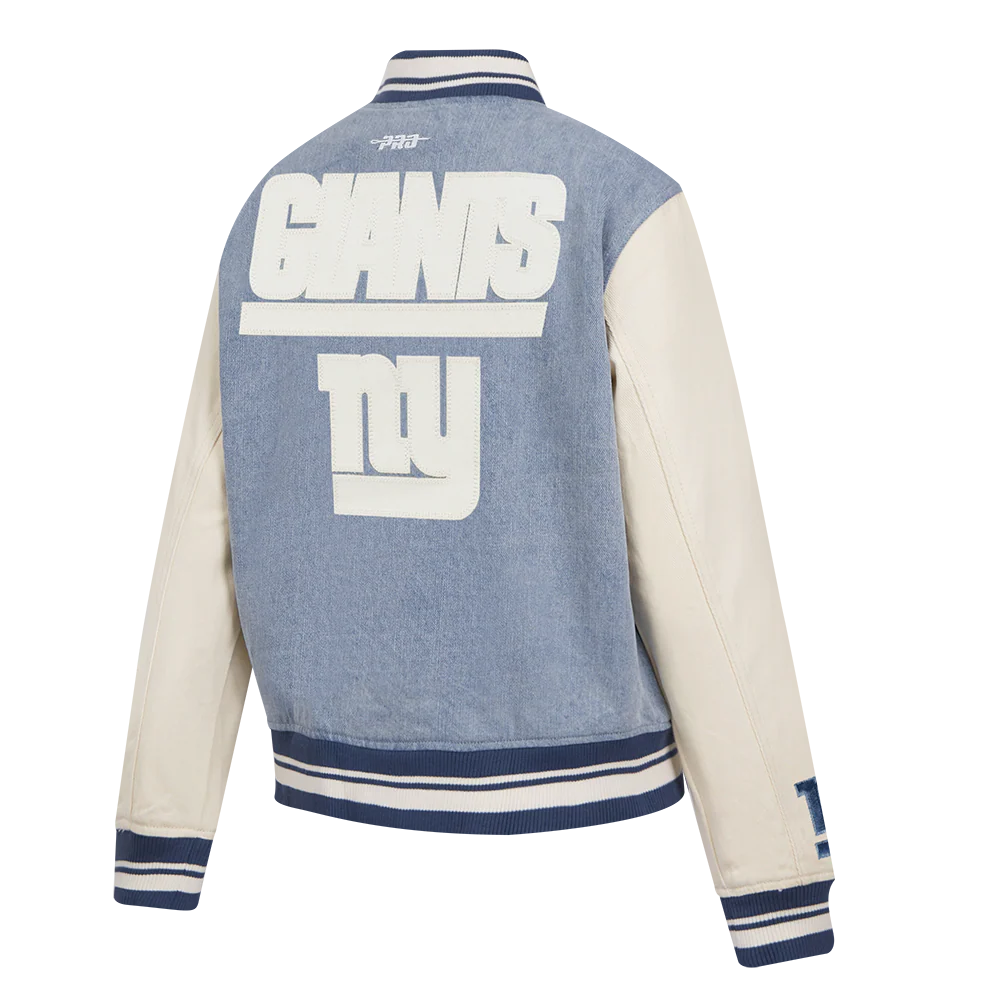 NFL NEW YORK GIANTS VARSITY BLUES WOMEN'S DENIM VARSITY JACKET (DENIM/LINEN) - Image 6
