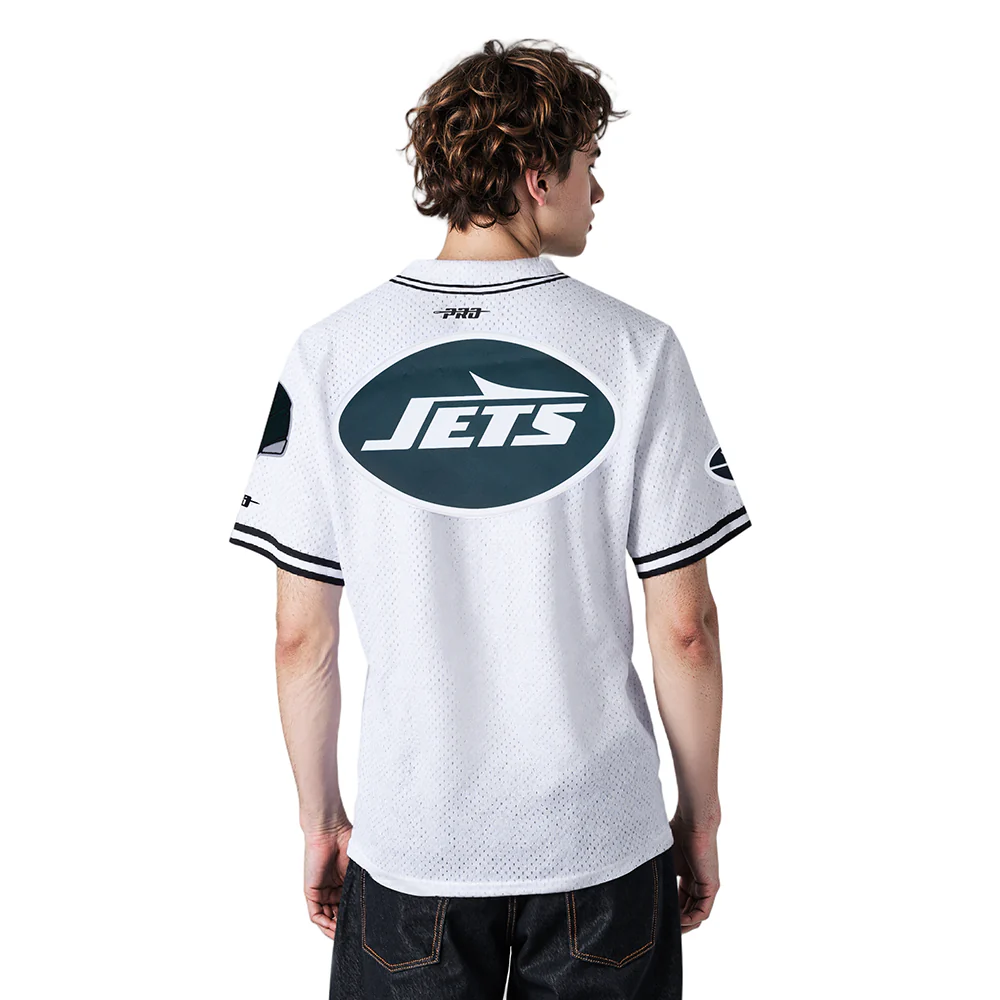 NFL NEW YORK JETS CLASSIC MESH MEN'S BUTTON DOWN SHIRT (WHITE/BLACK/WHITE) - Image 2