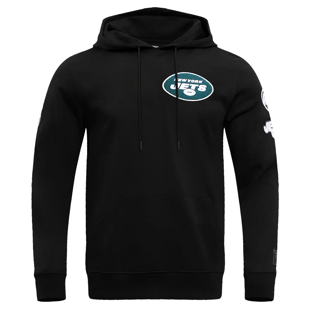 NFL NEW YORK JETS CLASSIC CHENILLE MEN'S DOUBLE KNIT PULLOVER HOODIE (BLACK)