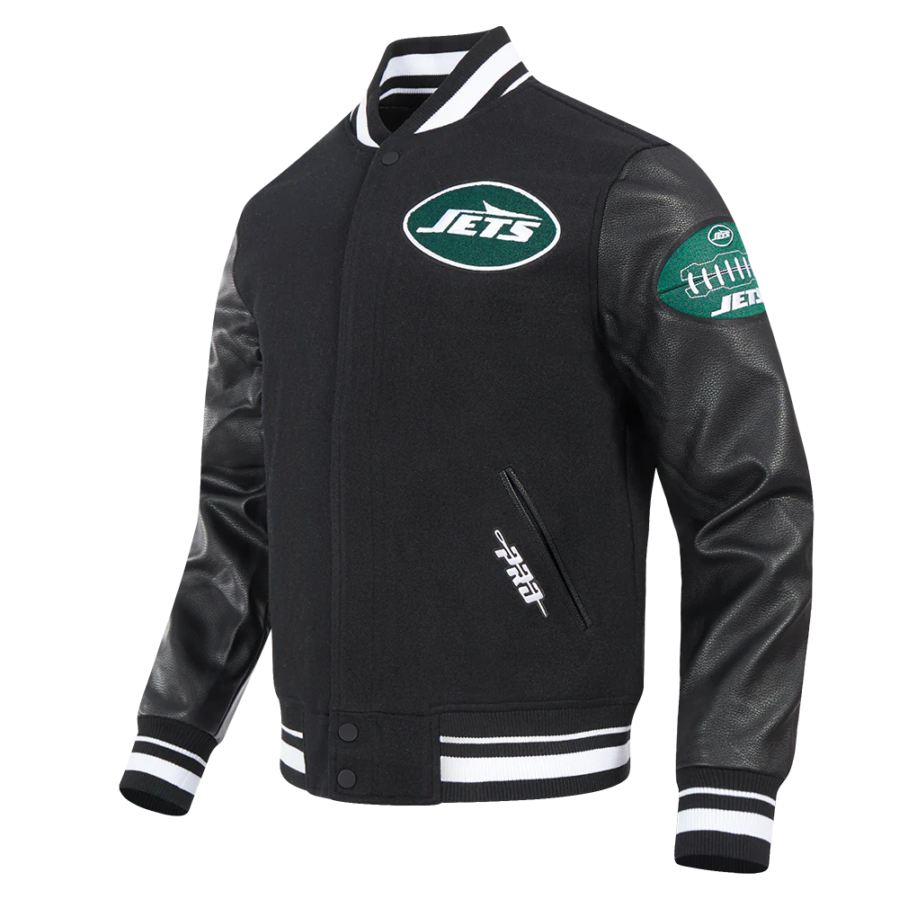 NFL NEW YORK JETS OLD ENGLISH MEN'S RIB WOOL VARSITY JACKET (BLACK) - Image 2