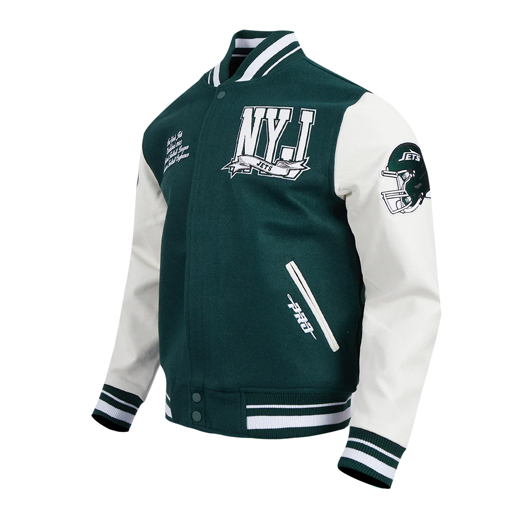 NFL NEW YORK JETS TEAM PENNATS MEN'S RIB WOOL VARSITY JACKET (FOREST GREEN/WHITE) - Image 3
