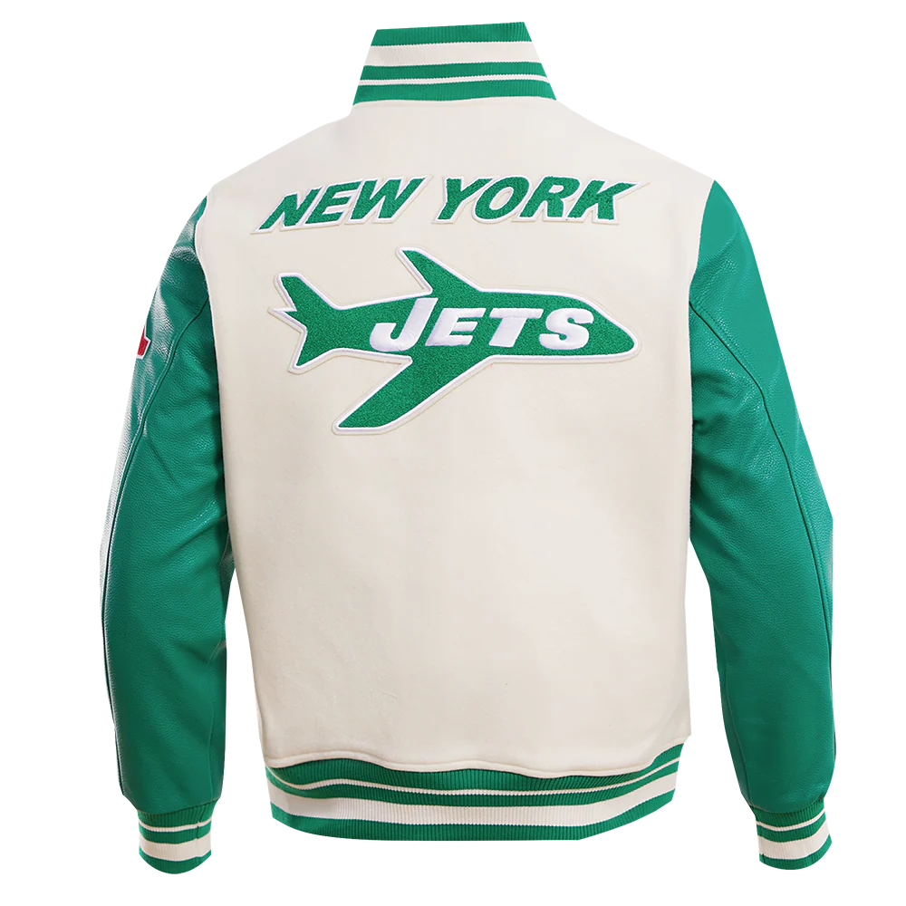 NFL NEW YORK JETS RETRO CLASSIC MEN'S RIB WOOL VARSITY JACKET (EGGSHELL/ KELLY GREEN) - Image 12
